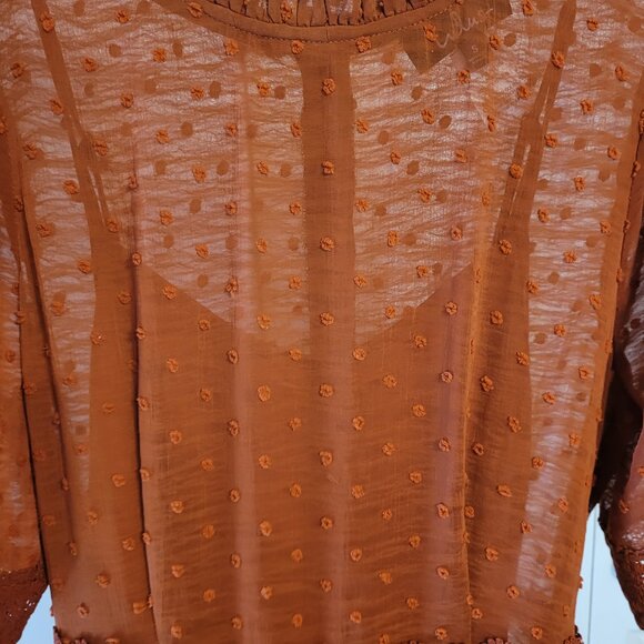Lulu's Dreaming of You Rust Orange Swiss Dot Midi Dress - Picture 5 of 7